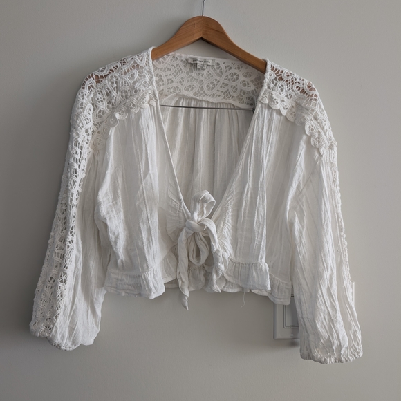 American Eagle Ivory Lace V-Neck Blouse Boho Cottagecore Coastal Large - Picture 3 of 6